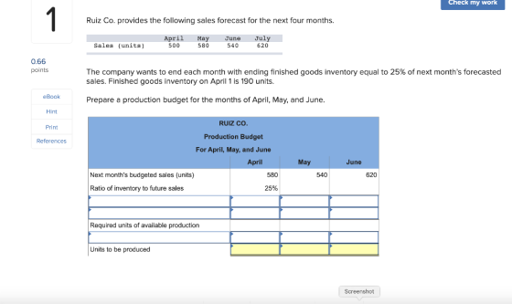 Check my work Ruiz Co. provides the following sales forecast for the next four months. Sales (units) April 500 May 580 June 5