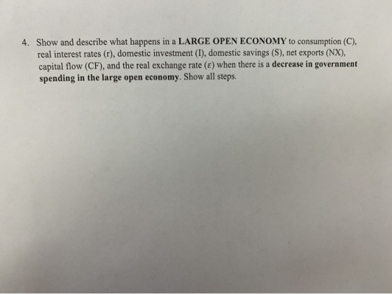 4. Show and describe what happens in a LARGE OPEN ECONOMY to consumption (C), real interest rates (r), domestic investment (I