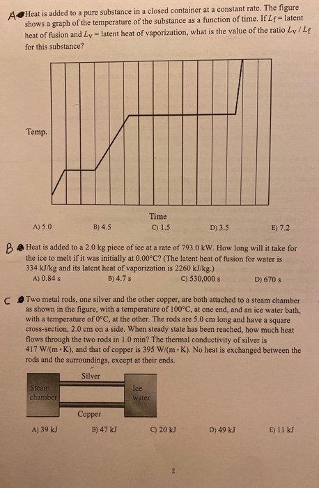 A Heat is added to a pure substance in a closed container at a constant rate. The figure shows a graph of the temperature of