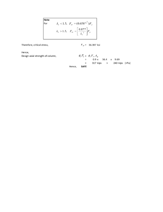 Note: For À. <1.5, F, = (0.6584)F, *>15, F, =(0,5377) Therefore, critical stress, For = 36.397 ksi Hence, Design axial streng