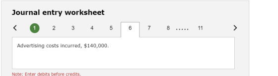 o contato. Journal entry worksheet < 1 2 3 4 5 6 7 8 ..... 11 Advertising costs incurred, $140,000. Note: Enter debits before