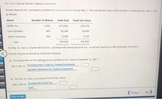Fair Value Journal Entries, Trading Investments Gruden Bancorp Inc. purchased a portfolio of trading securities during Year 1