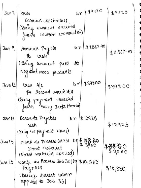 Jan 7 cash by | $9420 $9420 all 9856240 « Accounts receivabell (Reig amouus meceved Juan Lawson cor pouation ) Jan 9 Accounts
