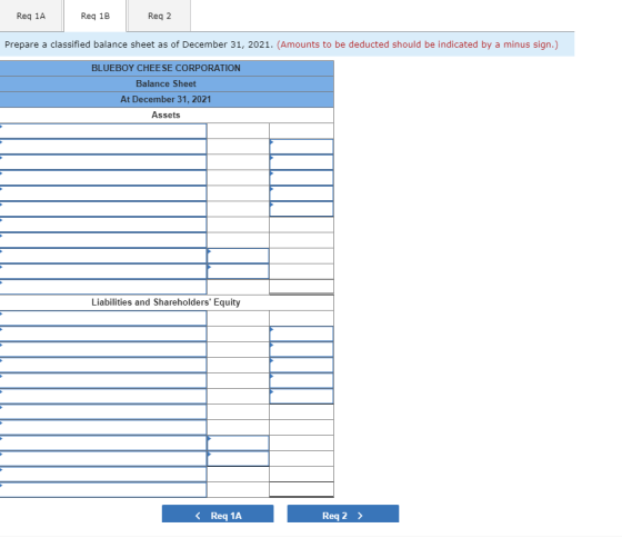 Reg 1A Reg 1B Reg 2 Prepare a classified balance sheet as of December 31, 2021. (Amounts to be deducted should be indicated b