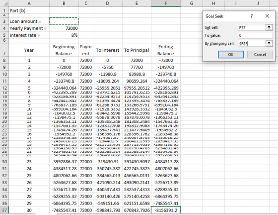А 1 Part (b) Goal Seek ? X 3 Loan amount = 4 Yearly Payment = 5 interest rate = 72000 8% Set cell: F37 To value: By changing