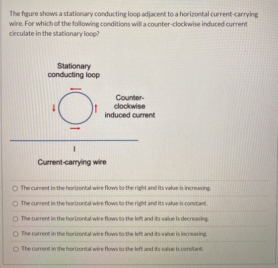 The figure shows a stationary conducting loop adjacent to a horizontal current-carrying wire. For which of the following cond
