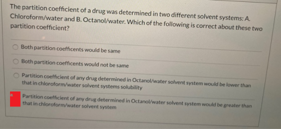 The partition coefficient of a drug was determined in two different solvent systems: A. Chloroform/water and B. Octanol/water