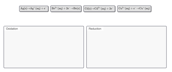 Ag(s)—Ag+ (aq) +e- | Be2+ (aq) + 2e →Be(s) Cd(s) +Cd2+ (aq) + 2e Cu2+ (aq) + e +Cu+ (aq) Oxidation Reduction