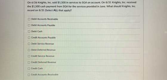On 6/26 Knights, Inc. sold $1,500 in services to SGA on account. On 8/31 Knights, Inc. received the $1,500 cash payment from