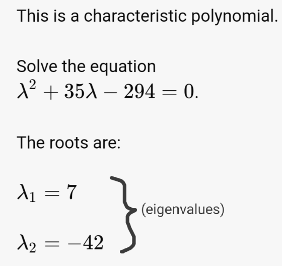 This is a characteristic polynomial. Solve the equation 12 + 352 – 294 = 0. The roots are: 21 = 7 } (eigenvalues) 12 = -42