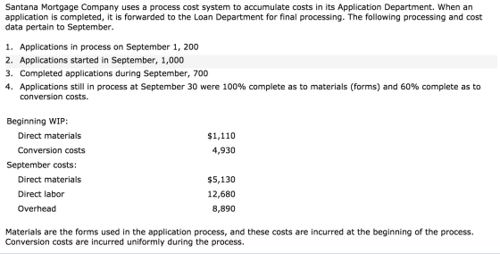 Santana Mortgage Company uses a process cost system to accumulate costs in its Application Department. When an application is