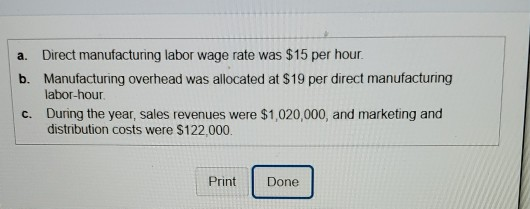 a. Direct manufacturing labor wage rate was $15 per hour. b. Manufacturing overhead was allocated at $19 per direct manufactu