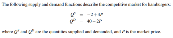 The following supply and demand functions describe the competitive market Q2+4P Q40-2P where Q and Q are the quantities supplied and demanded, and P is the market price.