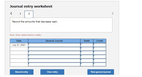 Journal entry worksheet 1 2 Record the amounts that decrease cash. Note: Enter debits before credits. General Journal Debit C