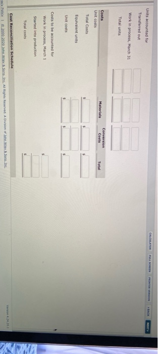 CALCULATOR FULL SCREEN PRINTFEVE BACK Units accounted for Transferred out . Work in process, March 31 Total units Costs Mater