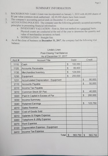 Page 2 SUMMARY INFORMATION I. BACKGROUND: Lindas Linen was incorporated on January 1, 2010 with 40,000 shares of $1 par value common stock authorized. All 40,000 shares have been issued. The companys accounting period ends on December 31 of each year. 3. 2 ACCOUNTING POLICIES: The company uses the following generally accepted accounting principles in presenting financial information a. INVENTORY VALUATION- First-in, first-out method on a perpctiual basis. Physical counts are conducted a the end of the year to determine the quantity and value of merchandise inventory on hand b. DEPRECLATION-Straight-line As of the close of business on December 31, 2017, the company had the following trial balance 4. Lindas Linen Post-Closing Trial Balance As of December 31, 2017 Credt Debit $ 100,350 S 99 400 Acct # Account Title 1110 Cash 120 Accounts Receivable 124000 5 250 000 1230 Equipment 90,000 5 50,000 1231 Accumulated Deprecistion-Equoment 2110 Accounts Payable 2210 Income Tax Payable 3010 Common Stock ($1 Par) 3020 Paid-In Captal n Excess of Par 3030 income Summary 3040 Retained Earnings 4010 Sales Revenue 5020 Cost of Goods Sold 6010 Salaries & Wages Expense 6060 Telephone & Utility Expense 6070 Rent Experse 6120 Depreciation Expense- Equipment S 40 0c0 260,000 123,750 6410 income Tax Expense Total$ 563,750 S 583.750