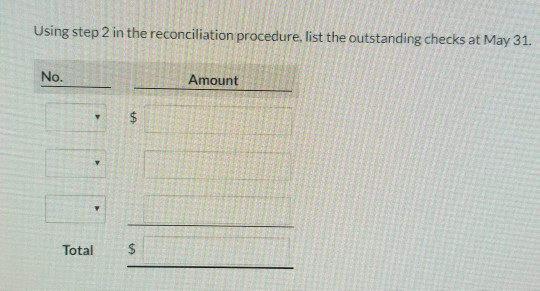 Using step 2 in the reconciliation procedure, list the outstanding checks at May 31. No. Total