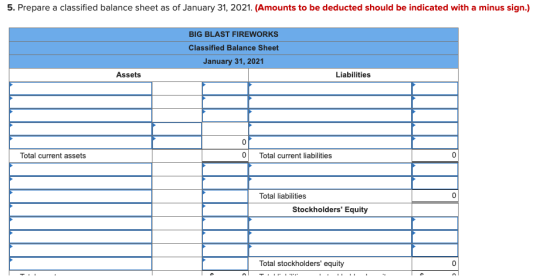 5. Prepare a classified balance sheet as of January 31, 2021. (Amounts to be deducted should be indicated with a minus sign.)