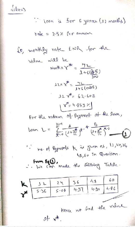alu- loan is for 6 years (12 months) rate = 2.5% per annum Lo, monthly rate ENR for the value will be mint xvI+Q5) 12**Hocoms