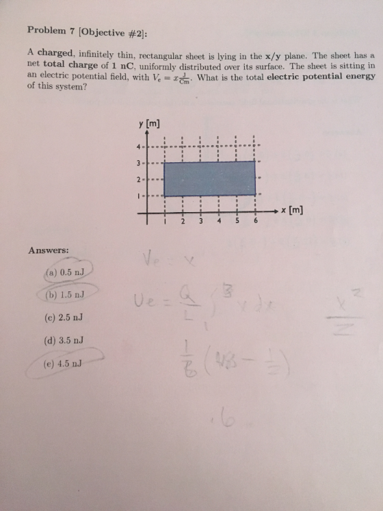 Problem 7 [Objective #2: A charged, infinitely thin, rectangular sheet is lying in the x/y plane. The sheet has a net total c