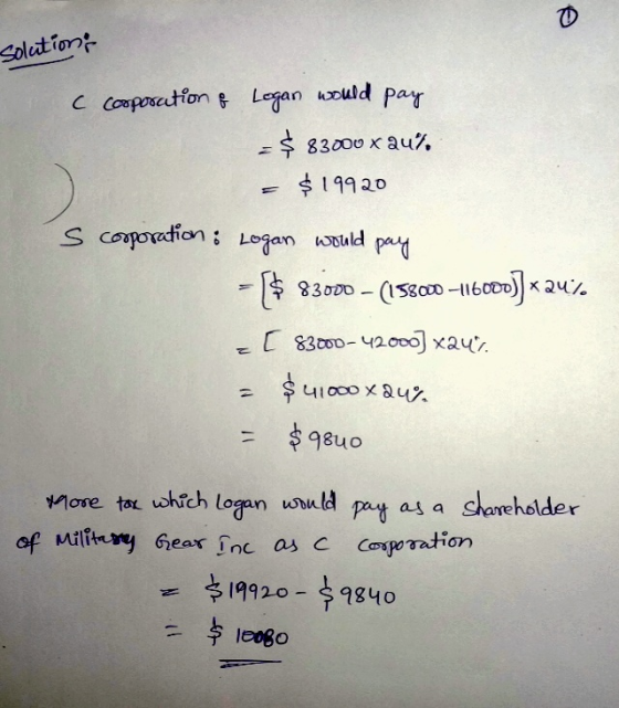 Solution pay corporation & Logan would = $ 83000 x au% $19920 s corporation: Logan would - $ 83000 – (15800-116000)] x24%. =[