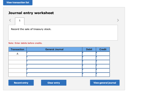 View transaction list Journal entry worksheet 1 Record the sale of treasury stock Note: Enter debits before credits Transacti