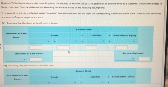 Quantum Technologies, a computer consulting firm, has decided to write off the $17,375 balance of an account owed by a customer. Illustrate the effects on the accounts and financial statements of recording the write-off based on the following assumptions: If no account or activity is affected, select No effect from the dropdown list and leave the corresponding number entry box blank. Enter account decreases and cash outflows as negative amounts. (a) Assuming that the direct write-off method is used: Balance Sheet Statement of Cash Assets LiabilitiesStockholders Equity Flows Statement of Cash Flows Income Statement (b) Assuming that the allowance method is used: Balance Sheet Statement of Cash Assets Liabilities+Stockholders Equity Flows