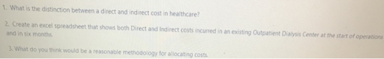 1. What is the distinction between a direct and indirect cost in healthcare? 2. Create an excel spreadsheet that shows both D