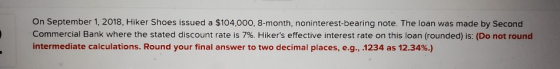 On September 1, 2018, Hiker Shoes issued a $104,000, 8-month, noninterest-bearing note. The loan was made by Second Commercia
