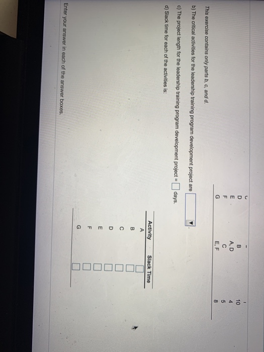 mos E- AD C E, F This exercise contains only parts b, c, and d. b) The critical activities for the leadership training progra