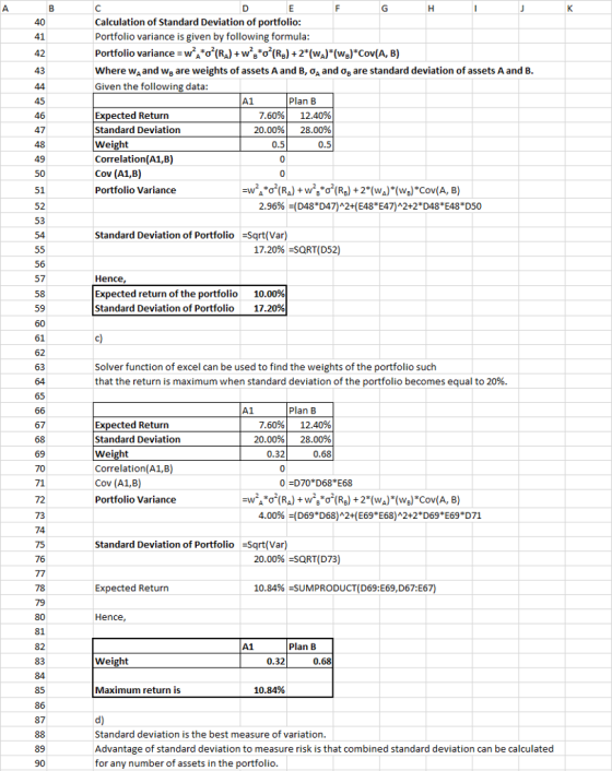 41 42 43 Calculation of Standard Deviation of portfolio Portfolio variance is given by following formula Portfolio variance-w2A*σ(%) + w2BG2(Re) + 2(%) *(we)cov(A, B) where wA and we are weights of assets A and B, σΑ and Og are standard deviation of assets A and B Given the following data: A1 Plan B Expected Return Standard Deviation Weight Correlation(A1,B) Cov (A1,B) Portfolio Variance 7.60%) 20.00% 0.5 12.40% 28.00% 0.5 47 49 51 52 53 54 2.96%-D48D47)^2+(E48*E47)^2+2*D48*E48D50 Standard Deviation of Portfolio Sqrt(Var) 17.2096 SQRT(D52) 56 57 Hence Expected return of the portfolio Standard Deviation of Portfolio 10.00% 17.20% 59 61 62 63 Solver function of excel can be used to find the weights of the portfolio such that the return is maximum when standard deviation of the portfolio becomes equal to 20%. Plan B 7.60%) 20.00% 0.32 12.40% 28.00% 0.68 67 69 70 71 72 73 74 75 Expected Return Standard Deviation Weight Correlation(A1,B) Cov (A1,B) Portfolio Variance 0-D70 D68 E68 4.00%-D69D68)^2+(E69*E68)^2+2*D69E69D71 Standard Deviation of Portfolio Sqrt(Var) 20.00% =SQRT(D73) Expected Return 10.84%-SUMPRODUCT(D69:E69,D67:E67) Hence, 81 A1 Plan B 83 84 85 Weight 0.32 0.68 Maximum return is 10.84% 87 Standard deviation is the best measure of variation. Advantage of standard deviation to measure risk is that combined standard deviation can be calculated for any number of assets in the portfolio. 89