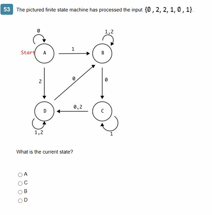 53 The pictured finite state machine has processed the input (0, 2, 2, 1, 0, 1) What is the current state? OA ООО