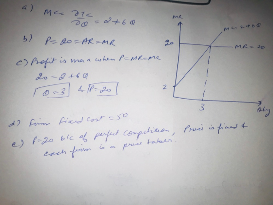 a) Mc- ITC 5o =2+60 mc=24 60 -MR=20 b) Pago = AR=MR c) profit is man when P=MR-me 20-2460 [0-3] 41P=20] 2 wt- 3 oty de fiam f