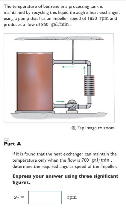 The temperature of benzene in a processing tank is maintained by recycling this liquid through a heat exchanger, using a pump that has an impeller speed of 1850 rpm and produces a flow of 850 gal/min Q Tap image to zoom Part A If it is found that the heat exchanger can maintain the temperature only when the flow is 700 gal/min determine the required angular speed of the impeller. Express your answer using three significant figures. rpm