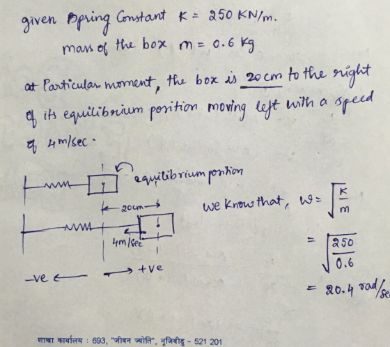 given spring Constant k = 250 kN/m. mars of the box m = 0.6kg at Particular moment, the box is 20 com to the right of its equ