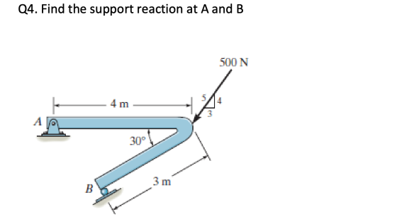 Q4. Find the support reaction at A and B 500 N 4 m A 30°