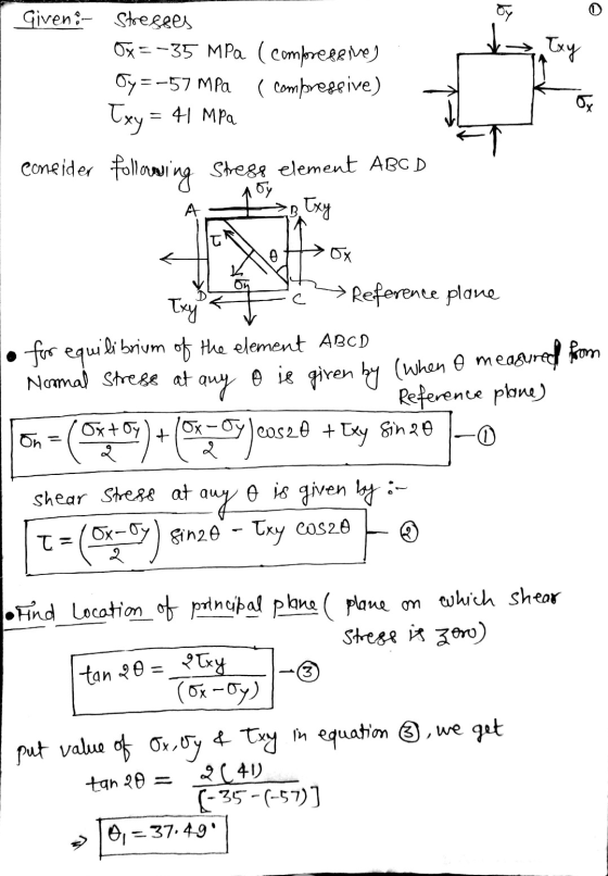 Oy Txy Giveno- Stresses Ox=-35 MPa (compressives Cy=-57 MPa (compressive) Txy = = 41 MPa Ox coneider following Stege element