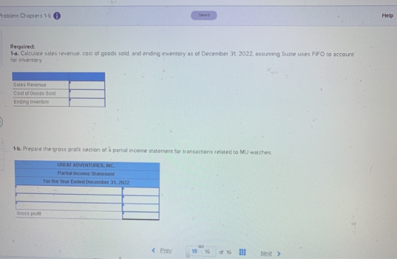Problem Chapters 1-6 Saved Help Required 1-a. Calculate sales revenue. cost of goods sold, and ending inventory as of Decembe