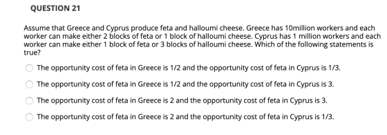QUESTION 21 Assume that Greece and Cyprus produce feta and halloumi cheese. Greece has 10million workers and each worker can