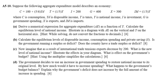 A5-10. Suppose the following aggregate expenditure model describes an economy: C = 100 + (5/6)Yd T = (1/5)Y 1 = 200 G = 400 X