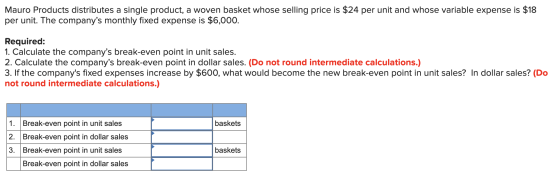 Mauro Products distributes a single product, a woven basket whose selling price is $24 per unit and whose variable expense is