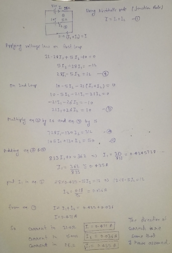 22 I952 ing kirchhoffis gule (Junction Ruled Toy SR I - 1 + 1 - 0 212 it, +1) = I Applying voltage law on first Loop 22-28 I