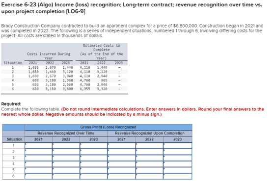 Exercise 6-23 (Algo) Income (loss) recognition; Long-term contract; revenue recognition over time vs. upon project completion
