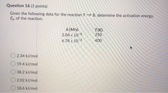 Question 16 (3 points) Given the following data for the reaction Y → B, determine the activation energy, Ea, of the reaction.