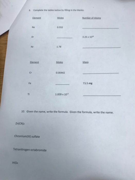 9. Complete the tables below by filling in the blanks Element Moles Humber of Atoms Ne 0.552 Ar 3.25 x 10 Xe 1.78 Element Mol