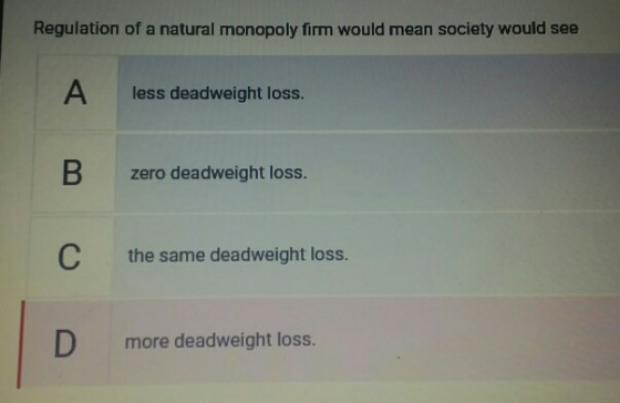 Regulation of a natural monopoly firm would mean society would see A less deadweight loss. B zero deadweight loss. C the same