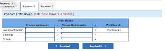 Required 2 Required 1 Required 2 Required 3 Compute profit margin. (Enter your answers in millions.) Profit Margin Choose Den