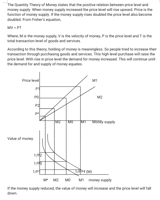 The Quantity Theory of Money states that the positive relation between price level and money supply. When money supply increa