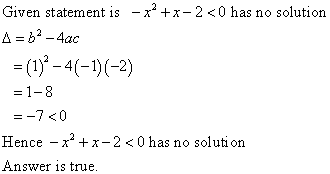 Given statement is - x2+x-2<0 has no solution A = 32 - 4ac = (1)2 - 4 (-1)(-2) = 1-8 =-70 Hence - x2+x-2 <0 has no solution A