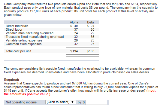 Cane Company manufactures two products called Alpha and Beta that sell for S205 and $164, respectively. Each product uses onl